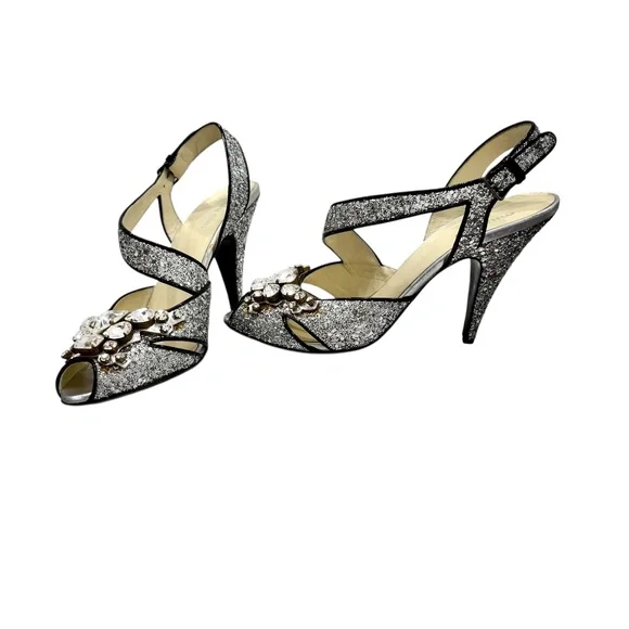 MIU MIU 2006 RUNWAY SILVER GLITTER STILETTO SANDALS w/CRYSTAL EMBELLISHMENTS